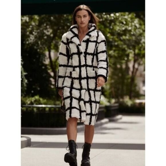 NWT Reformation Bromley Sherpa Coat, Black/White Windowpane Pattern, Size XL - Picture 1 of 10